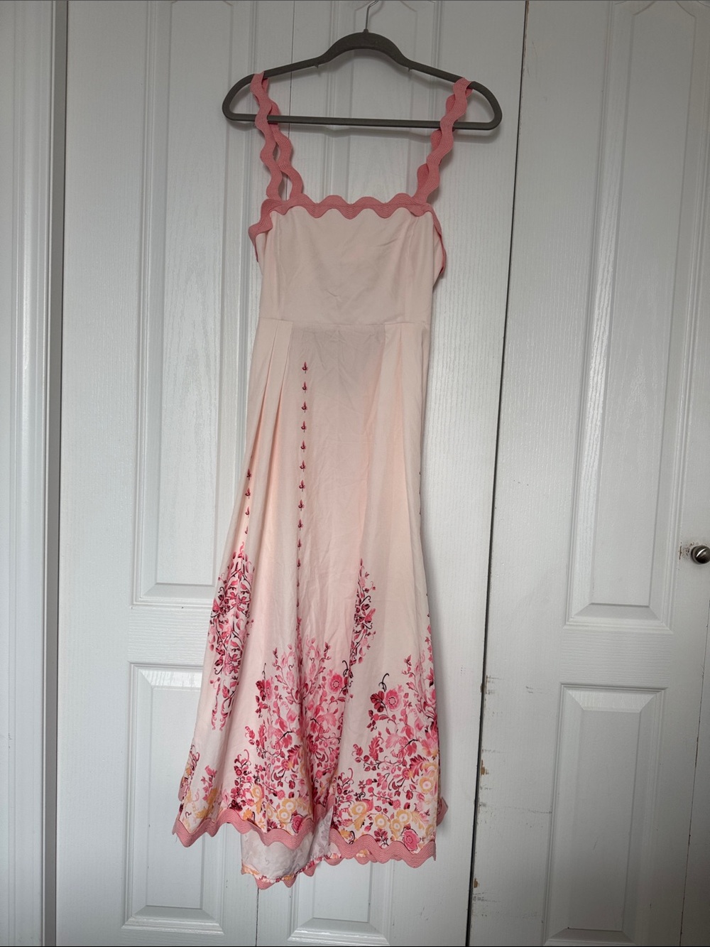 Pink Floral Midi Sundress Jumbo Ric Rac Scalloped Trim Straps & Hem